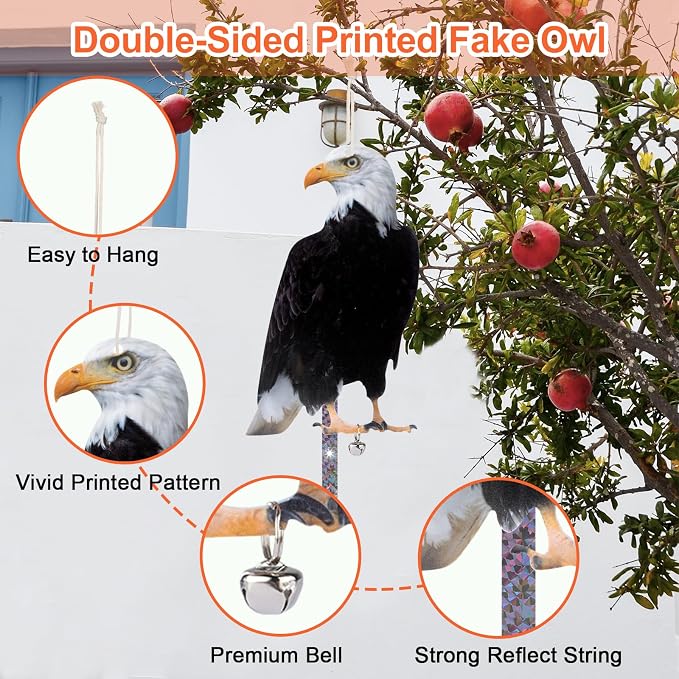 Owl to Keep Birds Away, 3 Pack Bird Scare Hawk Fake Owl, Reflective Hanging Bird Decoration, Bird Control Device to Keep Birds Pigeon Woodpecker Away from Patio Garden