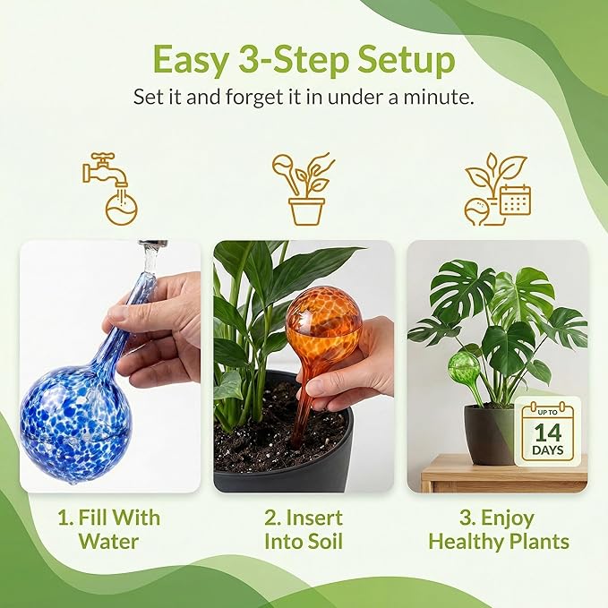 Little Green Leaf Automatic Plant Watering Globes Self Watering Planter Inserts (Set of 4) | Hands Free Multicolor Glass Bulbs | Planter Spikes to Support Indoor & Outdoor Plant Health (100ml)