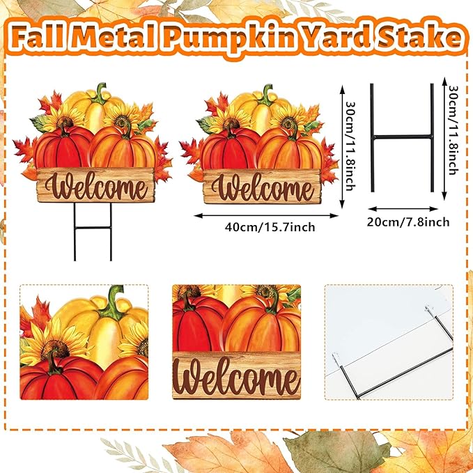 JarThenaAMCS Thanksgiving Yard Sign Metal Fall Pumpkin Yard Stakes Maple Leaves Garden Stake Decorations Welcome Sign for Autumn Harvest Outdoor Lawn Patio Walkway Decor