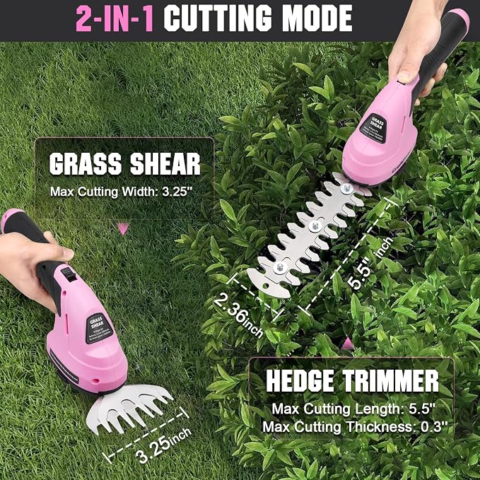 2-in-1 Cordless Grass Shear and Hedge Trimmer - Pink, 8V Handheld Electric Shrub Trimmer/Grass Cutter with Rechargeable Lithium-Ion Battery and Type-C Charging Cable