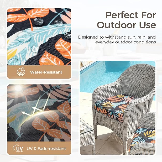 UNIKOME Outdoor Chair Cushions Set of 4, Water Resistant Patio Seat Cushions with Ties for Outdoor Furniture, High-Density Foam, UV & Fade Resistant, Piped Edge – 19" x 19" x 3", Colorful Leaves