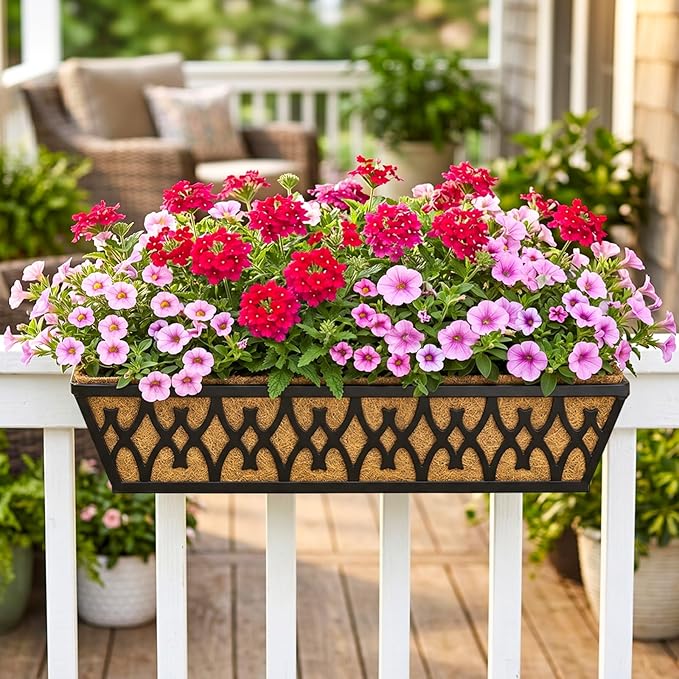6 Pack 24 Inch Window Boxes Planters Railing Planter Box with Adjustable Brackets for Porch Fence Patio Balcony Hanging Flower Baskets with Coco Liners for Outdoor Garden Decor - Black