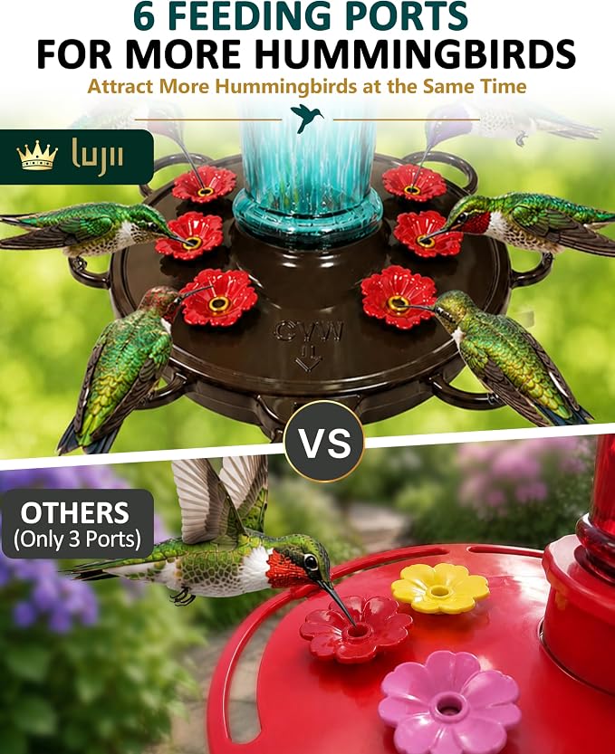 LUJII Smart Hummingbird Feeder with Camera for Outdoor Hanging, Hand Blown Glass, Solar WiFi Feeder with Live View App, 6 Feeding Ports, Leak-Resistant Design, Ant Moat & Gift Box, 36 fl oz, Yellow