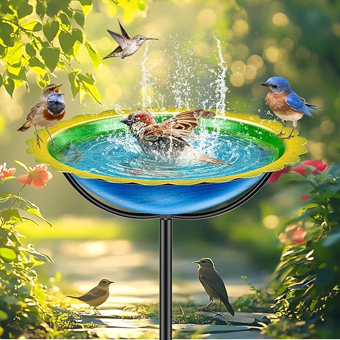Metal Bird Bath for Outside, Garden Birdbath Bowl Freestanding Bird Feeders for Outdoors with 4 Prongs Base Stake, Standing Birdfeeders for Yard Lawn Decor (Blue Yellow)
