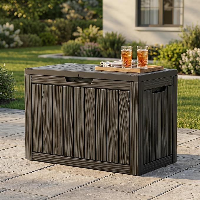 45 Gallon Deck Box, Waterproof Resin Outdoor Storage Box Lockable for Patio Furniture, Fade Resistant Patio Side Table & Organizer for Garden Tools, Pool Floats, Outdoor Cushions, Black