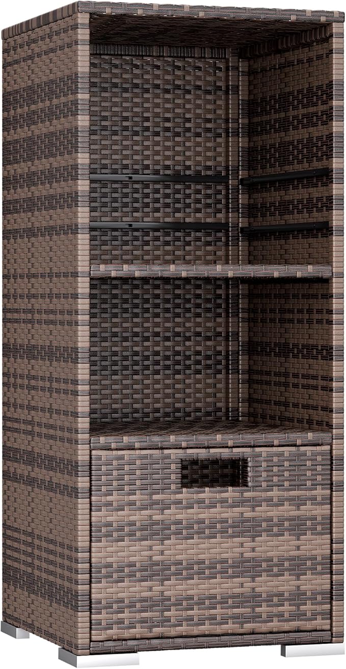 Devoko Outdoor Pool Towel Rack Patio Waterproof Rattan Wicker Storage Cabinet Shed with Shelves & Drawer (Brown)