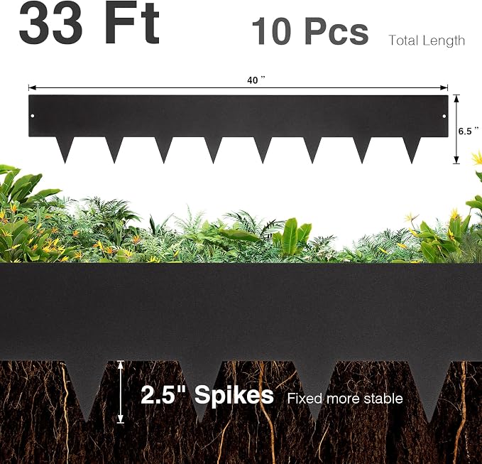 10-Pack Galvanized Steel Landscape Lawn Edging - 6.5 inch Height Black Powder Coated Bendable Metal Strips - Hammer-in Edge Border - Yard Pathway Divider 40 inch Each(33Ft Total), #LYLB65BK-US