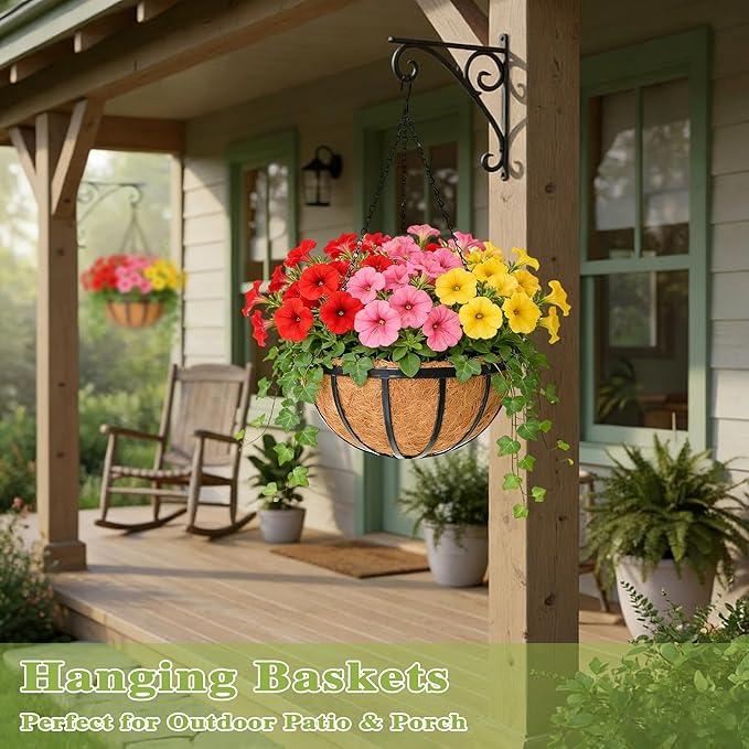 16 Inch Black Flat Iron Metal Hanging Planter Basket with Coco Coir Liner(2 Pack) Hanging Planters for Outdoor Plants Hanging Baskets for Plants Flower Pots for Deck Patio Porch Garden Balcony