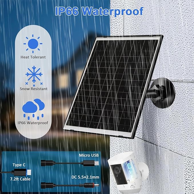FUTUREZEN 10W Solar Panel for Security Camera, Trail Camera, Type-C Device, Solar Charger with USB-C, Micro USB & DC 5.5x2.1mm Port, IP66 Waterproof, Adjustable Mount, 7.2FT Cable, 2 Pack