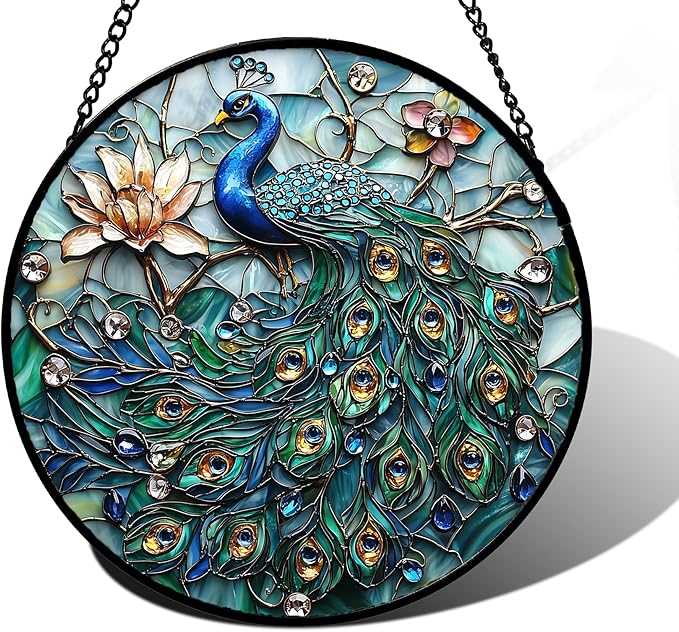 DASTOLL Stained Glass Window Hanging, Blue Peacock Decoration Suncatcher for Door Garden Home Flower Bird Sun Catchers Christmas Mother's Day Birthday Gifts for Women Men Mom Nana Friend 9.8 in