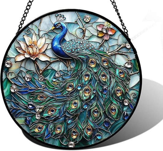 DASTOLL Stained Glass Window Hanging, Blue Peacock Decoration Suncatcher for Door Garden Home Flower Bird Sun Catchers Christmas Mother's Day Birthday Gifts for Women Men Mom Nana Friend 6.3 in