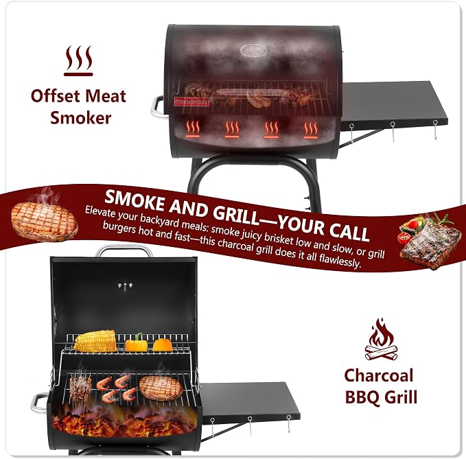 Barrel Charcoal Grill with Lid, 388 Sq.In Cooking Space & Wheels