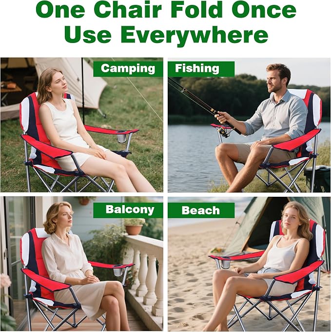Camabel Folding Camping Chairs 400 LBS Oversized Heavy Duty Padded Beach Chair Portable Outdoor Lawn Chairs with Cup Holder Carry Bag for Sporting Hiking Picnics Fishing Red