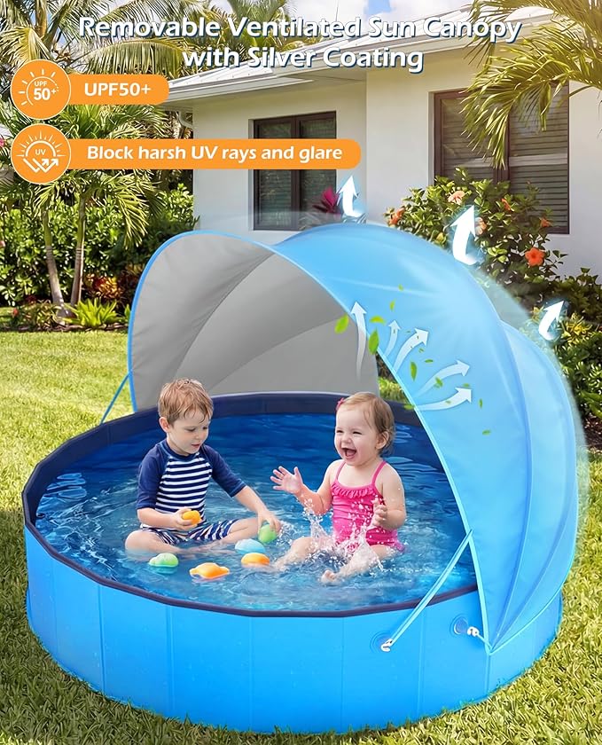 Jasonwell Kiddie Baby Pool with Canopy - Foldable Infant Toddler Kids Pool with Shade Baby Beach Essentials Tent Swimming Wading Pools for Toddlers 1-3 + Kids Dogs Ball Pit Backyard Water Play B, 48"