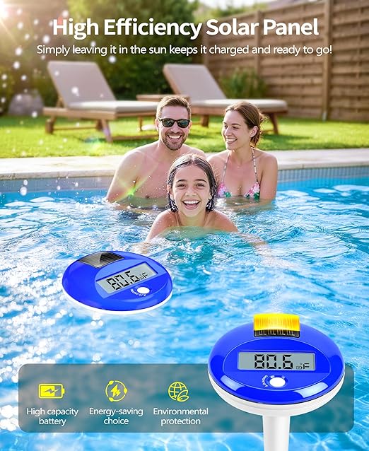 Sinbyuer 2026 Solar Digital Pool Thermometer with Rope | Easy Read Large LCD Display & Big Numbers Floating Pool Thermometer | High Precision & IP68 Waterproof Pools Temperature Gauge for Hot Tub, Spa