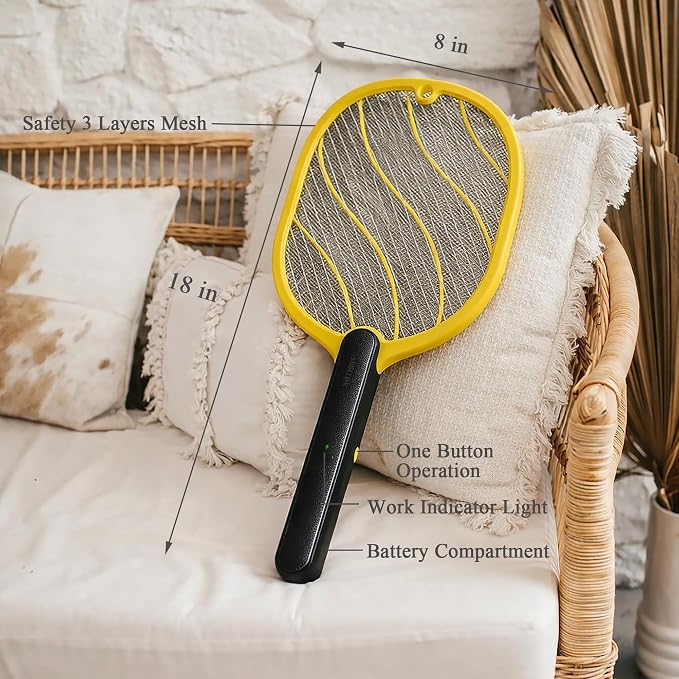 Electric Fly Swatter – Battery Powered Bug Zapper Racket with 2 AA Batteries Included, 3-Layer Safety Mesh, Handheld Fly Zapper for Indoor, Outdoor, Home, Bedroom, Kitchen, Office, Backyard, Patio