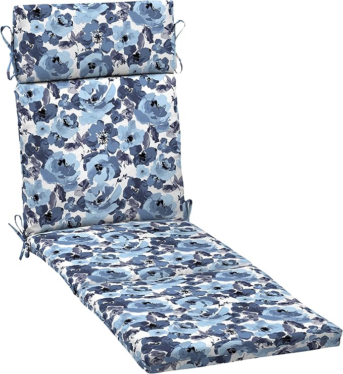 Arden Outdoor Chaise Cushion, 21 in x 72 in, Weather-Proof, Rain-Proof, Fade Resistant Patio Cushion for Chaise Lounger Blue Garden Floral