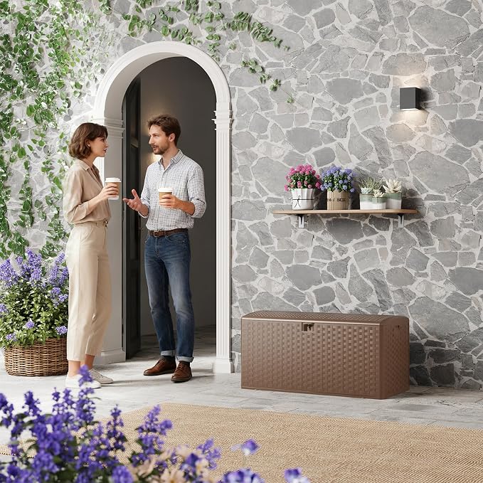 99 Gallon Large Outdoor Storage Box - Waterproof Resin Deck Box with Lockable Lid & Gas Struts, All-Weather Patio Storage Bench for Cushions, Pool Toys, Garden Tools, Rattan Texture, Brown