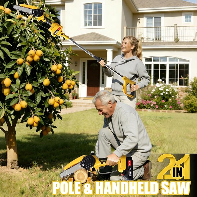 Cordless Pole Saw Electric Tree Trimmer, 2-in-1 Polesaw & Mini Chainsaw with Extension, Includes 2x21V Batteries & Complete Kit for Pruning & Limbing