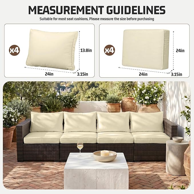 8pcs Outdoor Patio Cushion Covers Replacement, 24" Zippered Outdoor Cushion Covers Waterproof, UV Resistant & Washable Patio Furniture Cushion Covers Waterproof for Patio Sectional, Covers Only Beige