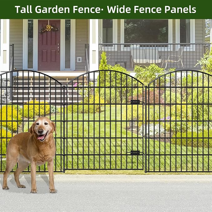 FOREHOGAR Heavy Duty Metal Garden Fences with Gate ECG1191, 1 Gate + 4 Fence Panels, 43.2in Tall and Total Length 14.75ft, Fencing for Dogs Animal Barrier Temporary Yard Border Outdoor, Black