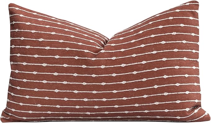 Crumbs Home Modern Farmhouse Fall Linen Indoor Outdoor Lumbar Pillow Cover Only, 12"x20" Water Repellent for Patio, Backyard, Couch, Rust Neutral Embroidered Stripes