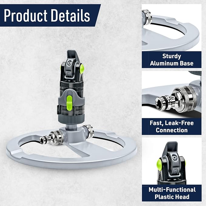 Impact Sprinklers for Yard, Garden, and Large Areas - Rotating Pulsating Lawn Sprinkler with Adjustable 360 Degree Rotating Head, 4 Spray Patterns, and Heavy Duty Metal Base by Kings County Tools
