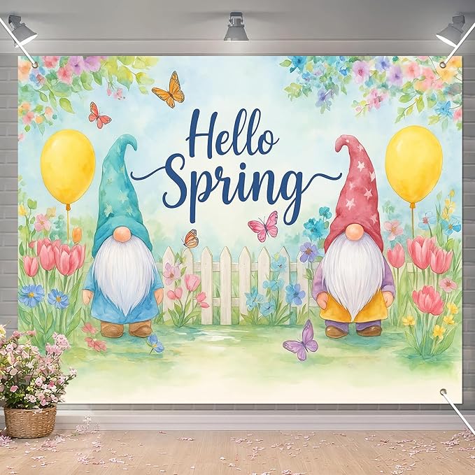 BlissYard Hello Spring Backdrop Cute Gnome Garden Scene Colorful Flowers Butterfly Fence Photo Booth Background Spring Party Home Decoration 8x6ft for Birthday Celebration Classroom Event Display