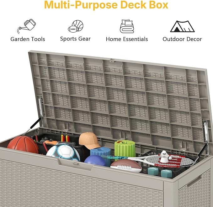 Skepphlay 100 Gallon Deck Box Outdoor Waterproof, Rattan Outdoor Storage Box, Patio Storage Boxes for Cushions, Pillow, Garden Tools, Equipment
