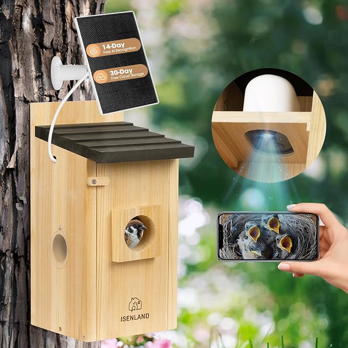 Smart Bird House with AI Identify Camera, 1080P Birdhouse Camera Solar Powered, Bird Houses for Outside Switch to Night Vision Automatically, 2.4G WiFi App to Observe Bird Activities in Real Time