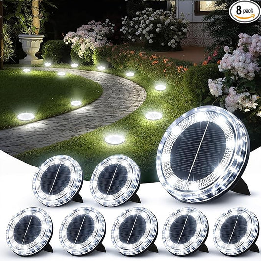 8 Pack Solar Ground Lights Outdoor Waterproof, 8 LED Solar Disc Lights, IP65 Waterproof Long Lasting Flat Light for Garden Pathway Walkway (Cool White)