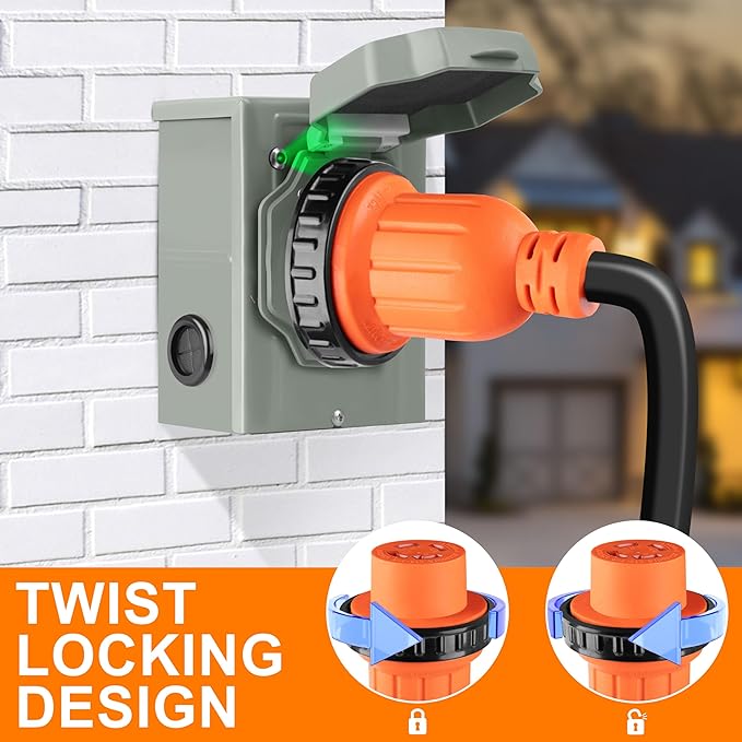 25 FT 4 Prong 30 Amp Generator Cord and Power Inlet Box, NEMA L14-30P to L14-30R Generator Cord Waterproof Combo Kit, 125/250V 7500W 10 AWG SJTW Generator to House Hookup Kit