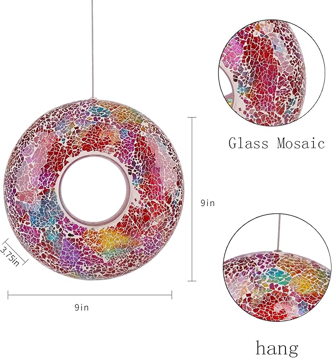 DUSVALLY 9 inch Fly Through Bird Feeder for Wild Birds, Colored Glass Mosaic Outdoor Hanging Feeder - Squirrel Proof Design, Easy to Clean, Weather Resistant Garden Decor for Hummingbirds Finches