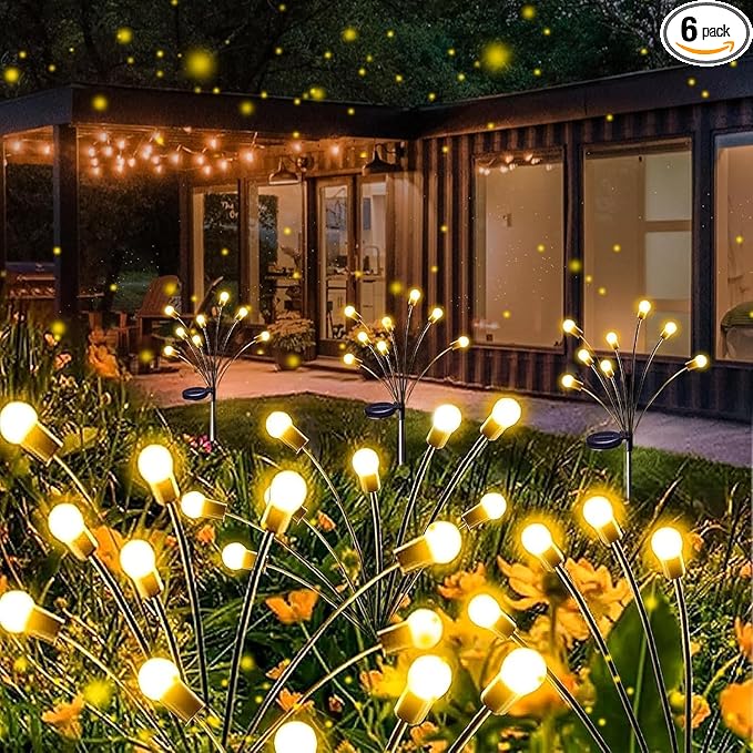 Solar Garden Lights, 6 Pack 48LED Solar Firefly Lights, Waterproof Garden Light Outdoor with 2 Lighting Modes, Swaying Light for Outside Yard, Walkway, Patio, Lawn, Flower Bed Decoration (Warm White)