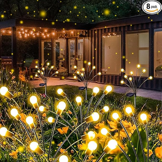 Solar Garden Lights Outdoor 8 Pack 64 LED Solar Firefly Lights Warm White | Auto ON/OFF, 2 Modes, Swaying with Wind, IP65 Waterproof Fairy Lights for Outside Yard, Path, Patio, Lawn, Flower Bed Decor