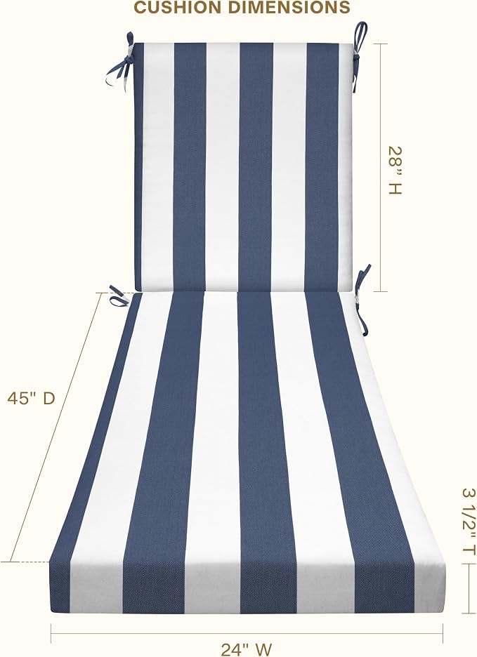 Honeycomb Outdoor Chaise Lounge Cushion for Patio Furniture, Water & Fade Resistant, Removable Cover, 24 x 73, Heritage Cabana Stripe Blue and White