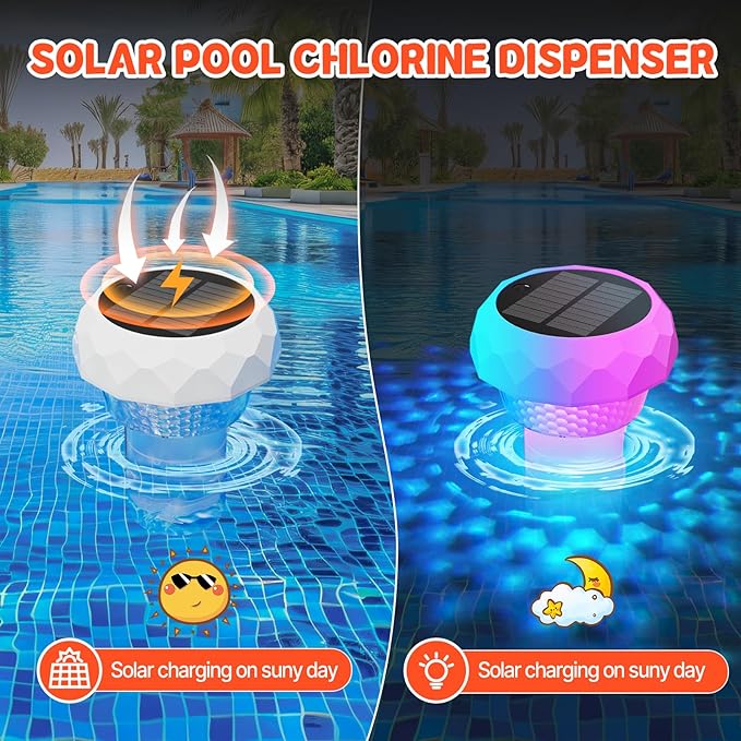 2 in 1 Floating Pool Lights Solar Powered with Chlorine Floater, Pool Lights that Float with Remote Control, 8 Lighting, Timing Mode, IPX68 Waterproof for Inground Pool, Pool Party