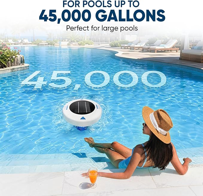 New Upgraded Solar Pool Ionizer for Above Ground & Inground Pools Up to 45,000 Gallons, Floating Solar Pool Cleaner with Copper Anode, Low Maintenance Pool Water Clarifier for Clear Pool Water