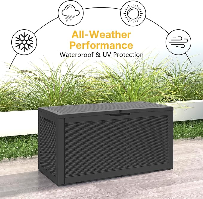 Skepphlay 100 Gallon Deck Box Outdoor Waterproof, Rattan Outdoor Storage Box, Patio Storage Boxes for Cushions, Pillow, Garden Tools, Equipment