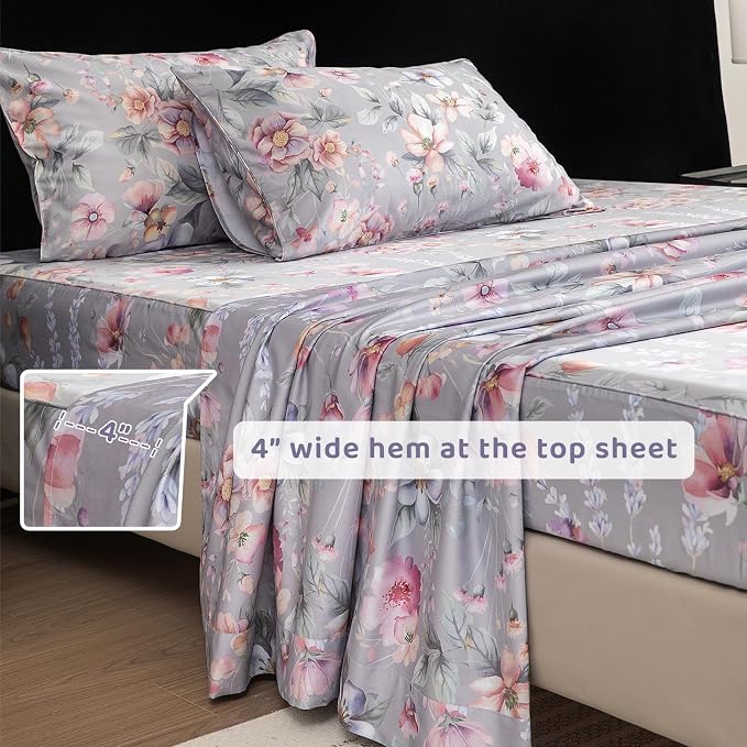 QSH Gray Floral Egyptian Cotton Sheets King Size,Luxury Silk Feel Botanical Flowers Pattern Printed Bed Sheets Sets King Size Aesthetic Soft and Breathable 17.5" Deep Pockets Bedding Sheets 4pcs