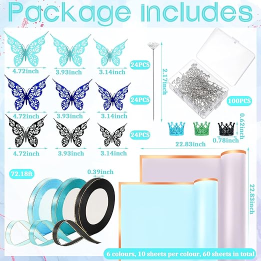 Qilery 243 Pcs Flower Bouquet Wrapping Paper Waterproof Floral Wrapping Paper Florist Supplies with Butterfly Decoration Crowns Ribbons Bouquet Pin Glue for DIY Craft (Fresh Color)