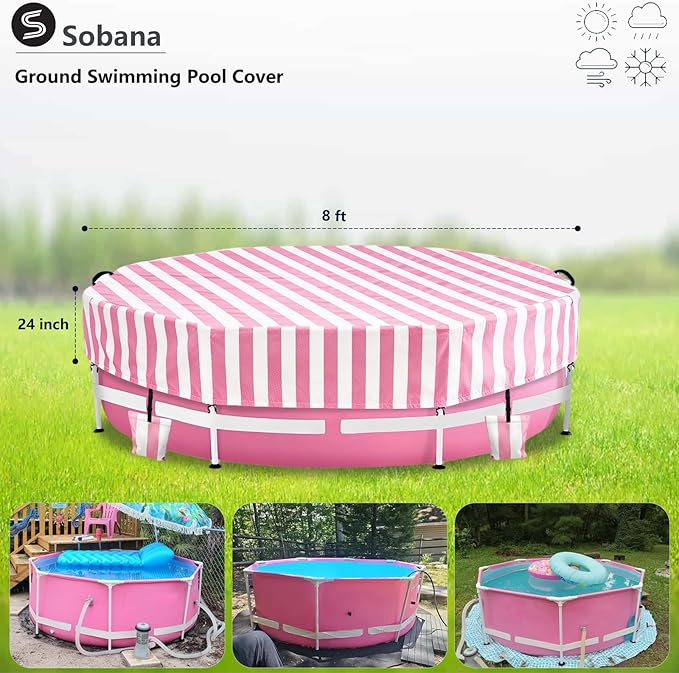 Solar Stock Tank Pool Cover, Waterproof Cover for 8 Feet by 30 Inches Large Round Metal Frame Above Ground Swimming Pool,with Tie-Down Ropes & 4 Sandbags,Increase Stability(Cover only,Pink)