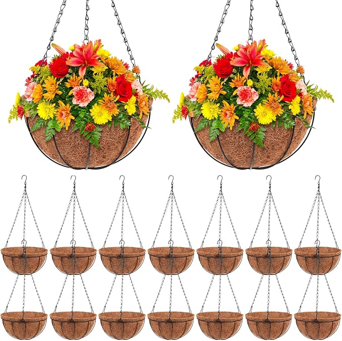 Dandat 16 Pack 10 Inch Metal Hanging Planter Basket with Coconut Coir Liner Metal Wire Plant Holder Chain Watering Outdoor Hanging Pots Flower Pot Hanger for Porch Indoor Outdoor Garden Decorations