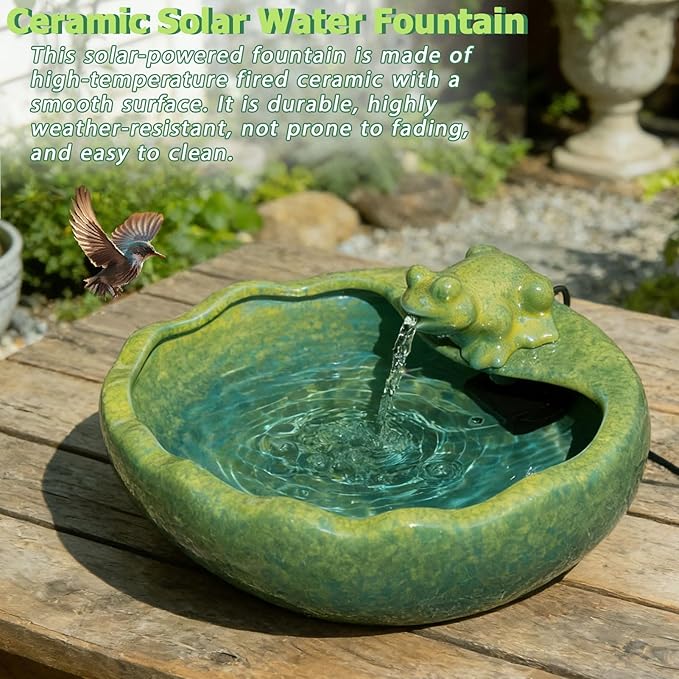 Ceramic Solar Water Fountain with Battery Backup, Solar Powered Water Fountain，Outdoor Water Feature Bird Bath for Garden, Patio & Yard Decor,Working at Night for at Least 6 Hours (Frog).