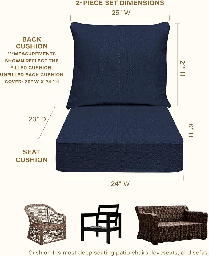 Honeycomb Outdoor Heritage Deep Seat, 24 x 23, Textured Solid Indigo Blue Chair Cushion with Removable Cover, for Patio Furniture