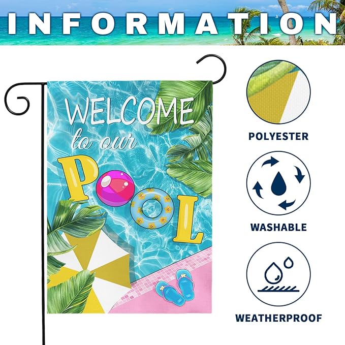 Welcome to Our Pool Garden Flag Vertical Double Sided Summer Swimming Pool Yard Flag Palm Leaf Parasol Garden Flags 12x18 Inch Holiday Party Seasonal Farmhouse Banner Outdoor Decor