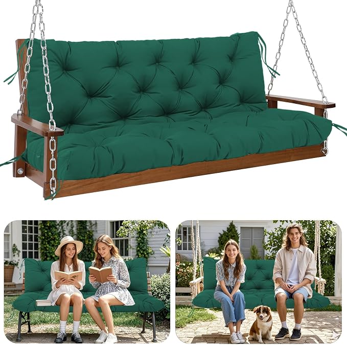 Extra Thick 5" Waterproof Porch Swing Cushions Outdoor 40 inch Swing Cushions 2 Seater Replacement with Backrest and Ties for Outdoor Furniture Patio Bench Garden (Dark Green)