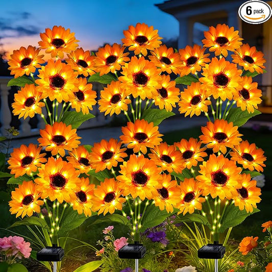 Solar Garden Lights Outdoor, 6 Pack Solar Sunflower Lights with 36 Head 3.5 Inch Flowers, Waterproof Flowers Light Fall Thanksgiving Decorations for Garden Yard Patio Backyard, Gifts for Mom Women