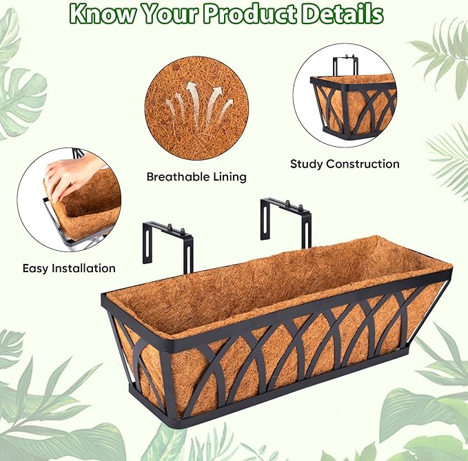 LCHUANG Deck Railing Planter Window Box - 3 Pack 24 Inch Deck Balcony Rail Planter with Coconut Coir Liner, Fence Metal Hanging Flower Planter Basket Deck Railing Planter Boxes for Outdoor Lawn