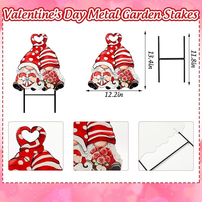 JarThenaAMCS Valentine' s Day Metal Garden Stake Welcome Yard Sign Red Love Gnome Decorative Lawn Sign for Wedding Anniversary Home Outside Lawn Porch Walkway Decor